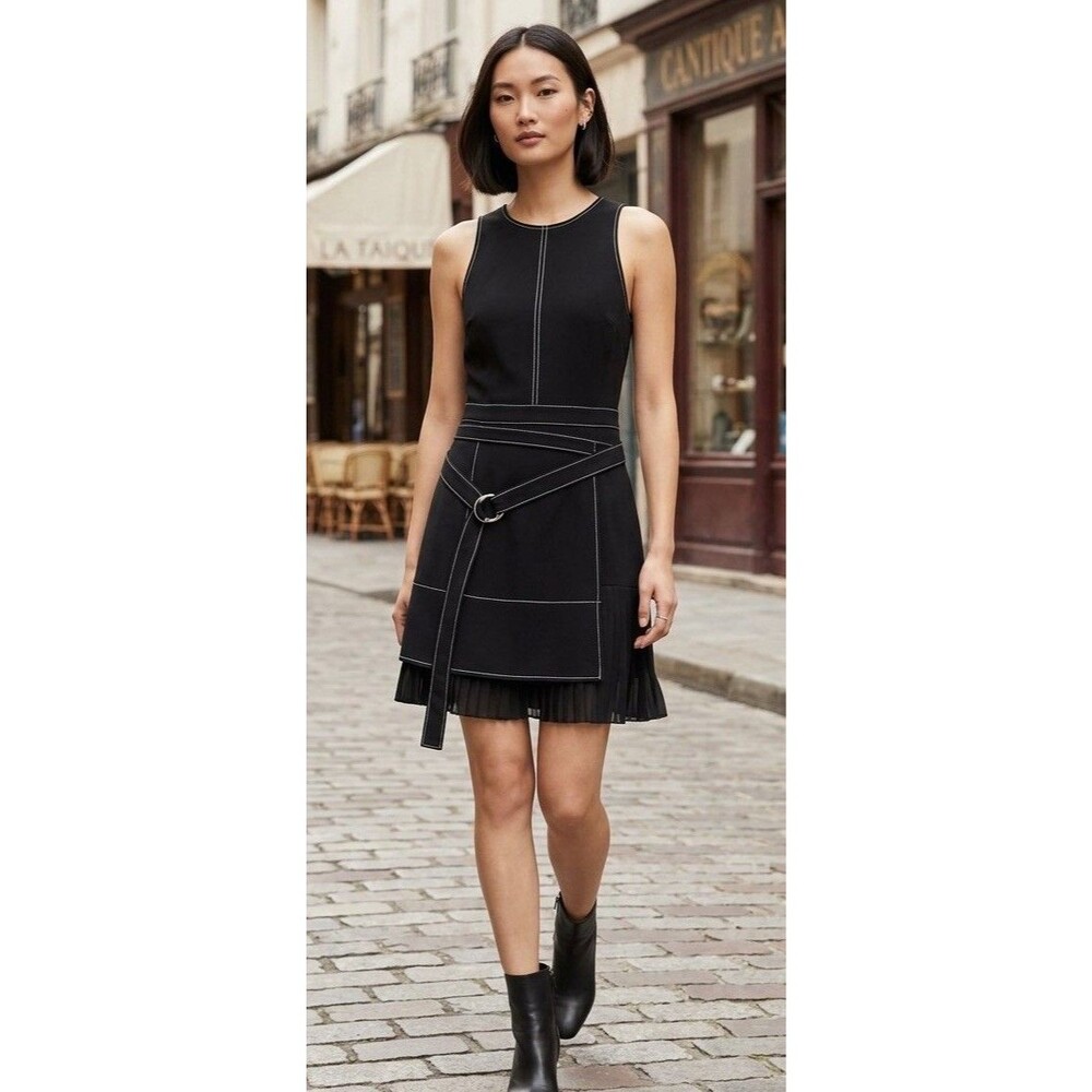 Cinq A Sept Black Carver Belted Contrast-Stitch Mini Dress Size 8